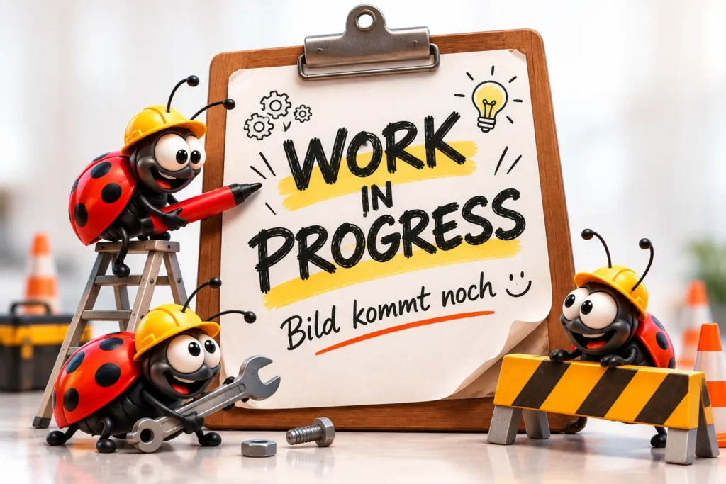Illustration eines Klemmbretts mit den Hinweisen „Work in Progress“ und „Bild kommt noch“. Kleine Käfer symbolisieren Software-Bugs.