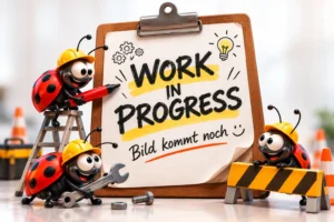 Illustration eines Klemmbretts mit den Hinweisen „Work in Progress“ und „Bild kommt noch“. Kleine Käfer symbolisieren Software-Bugs.