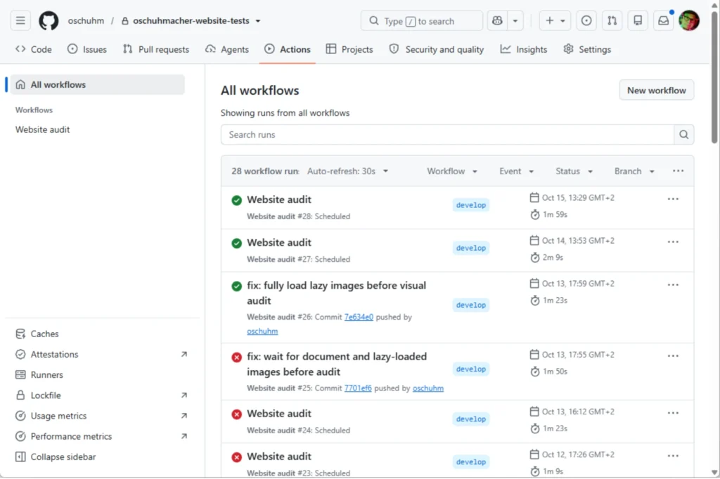 GitHub Actions mit abgeschlossenen Läufen des automatisierten Website-Audits